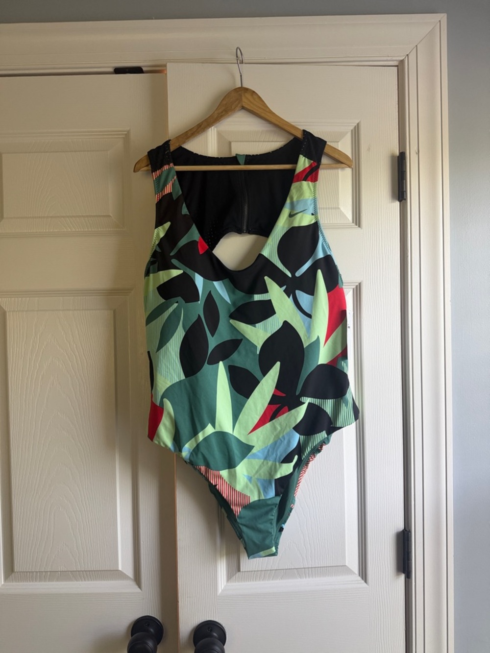 Nike Green Leaf Print Kids One-Piece Swimsuit with Black & Red Accents